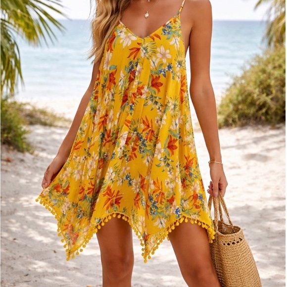 Japna Other - Goa Beachwear Japna Sz Large Tropical Floral Cover Up Dress Pom Pom Hem Yellow